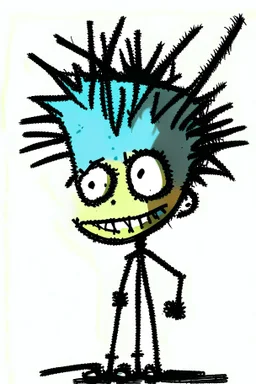 2d drawing of a stickman, cool with punk hair, x eyes like in hangman, standing, back view, slightly bended over and looking back into the camera, smiling,close-up ,3d realistic in colour