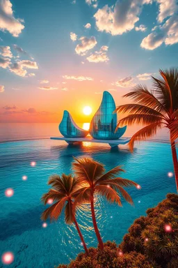 A professional music cover art for a Luxury Tropical House album cover, award-winning music artwork, crystal-clear turquoise ocean merging into an endless horizon beneath a radiant golden sunset. Massive floating glass structures shaped like musical frequencies rise above the water, reflecting vibrant tropical colors. Exotic palm trees illuminated by soft neon cyan and coral lights sway in the warm breeze. Glowing particles drift through the air like fragments of melody, creating a magical atmos
