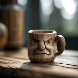 a wooden mug come to life with a big frown blurred background