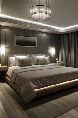 langgezogenes hotelzimmer mit nur einer Wand hinterm Bett in Altholz, der Rest der Wände in weiß, indirekte Beleutung hinter und unterm Bett, ein zentraler kristallüster und warme graue Farben für Bettdecke und sofa