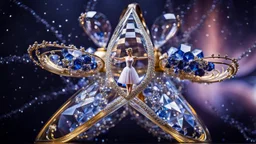a pretty glass wine jar with beautiful minature glass shapes on out side and some glass hlalf sphere on it with a lady ballerina inside in pretty standing ballet pose on a table in a art gallery with famouse paintings and statues
