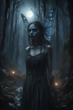 In a mesmerizing combination of brilliant and fading shades, photorealistic. A BEAUTIFUL FLUTTERGLOW In the moonlight of the Forgotten Forest with (dimly glowing eyes and accents:1.3), in rags, necrotic, oozing, wet, dim lighting, intricate accents, 8k, full body shot, shot with 50mm lens, detailed horror art, extreme eyes, hyperdetailed, hyperrealistic,