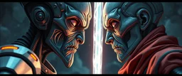 Close-up confrontation between an ancient alien outcast leader synth and a space broker, standing only a meter apart, intense eye contact, glowing crystalline rod between them, anger mixed with sadness, dramatic facial expressions, shallow depth of field, cinematic lighting, stylized 3D anime, airbrush painting, crisp outlines, escher , rembrandt and hr giger, black border, characters drawn outside border