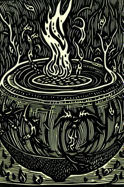 Linocut witch's cauldron