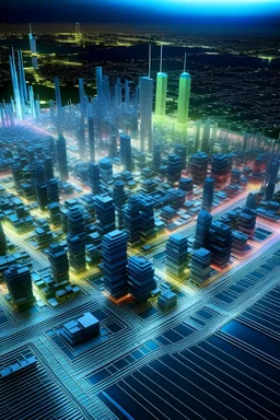 city like tokio made of bright circuit'z only a gradient map between #010101 and #03c03c realistic 3D immage effects