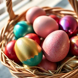 digital photograph of modern basket colorful Easter eggs. eggs display intricate textures in azure, emerald, blush,red, crimson,gold, sapphire,metallic cinematic HDR backlighting highlights subtle dimples and glossy reflections, with shallow depth of field softening the sunlit background. hyperrealistic 8k resolution,