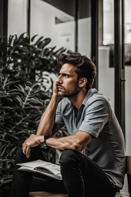 A guy sitting, looking stressed