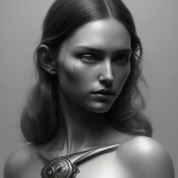 A black and white portrait of a women, long hair, upper body, head and shoulders portrait, 8k resolution concept art portrait by Greg Rutkowski, Artgerm, WLOP, Alphonse Mucha dynamic lighting hyperdetailed intricately detailed Splash art trending on Artstation triadic colors Unreal Engine 5 volumetric lighting