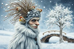 Double exposure: a kind snow troll, hair made of dry branches covered in snow, tits perched on the hair-branches, a sheepskin coat woven from dry leaves and twigs covered in snow, and a winter landscape depicting a fairytale rounded bridge, a tree made of snowflakes painted with frost, filigree kaleidoscopic patterns of frost. Highly detailed textures: a fairytale illustration, splashes of white and gold paint, rich texture, distant and deep space, dreamy watercolor and liquid filigree acrylic.