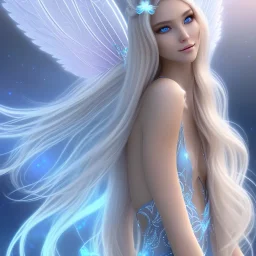  beautiful, soft, smiling, long and straight blonde hair, bluish background, fairy wings on the back