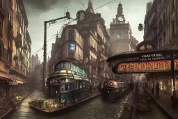 Corner Elevated Train run raid Train Canal River and corner shop greengrocer in colorful Italian street+Gothic city+BioShock+Dishonored+Bloodborne +trieste+Edinburgh+Chicago+victorian London+decòpunk Skyscraper+ +steampunk+biopunk+alphonse mucha, greg rutkowski,matte painting, cryengine, hyper detailed, felix kelly, fantasy art, seb mckinnon