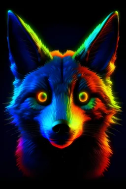 terrifying humanoid Fox like creature, turning to face you, dark background, glowing eyes, staring, rainbow gradient sky, starry night sky, photorealistic