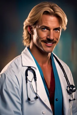 Mid-thirties, Caucasian male doctor, kind smile, blonde hair (slightly disheveled) thick blonde mustache, pale blue eyes, broad shoulders, muscular, six foot, Hawaiian shirt under white lab coat with bloodstains at the edges. Strong Jaw line, surrounded by shadows, photo realistic