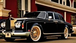 A sleekly designed (((Customized gangsters lowrider Rolls Royce Silver Shadow))), adorned with intricate modern modifications and luxurious details that evoke a timeless elegance blended with contemporary flair