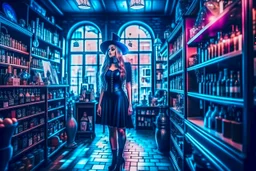 full-height shot of a young witch in a tight black short skirt, inside a large magic shop, shelving, bottles, windows