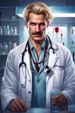 Mid-thirties, Caucasian male doctor, creepy smile, messy blonde hair, light-colored thick mustache, pale blue eyes, broad shoulders, muscular, six foot, Hawaiian shirt under white lab coat, bloodstains at the edges of the lab coat. Strong Jaw line, surrounded by shadows, photo realistic