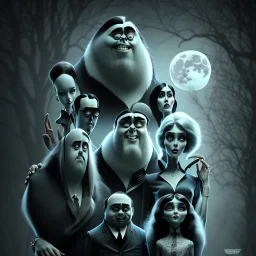 ghosts walking around, trending on artstation, black and white, Addams family, stormy weather, full blood moon, gorgeous, beautiful, magnificent, high quality