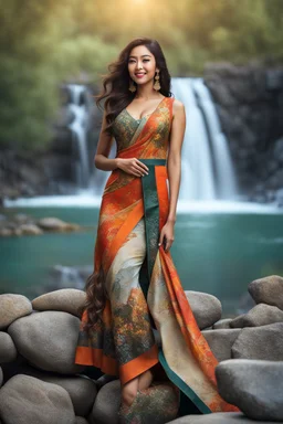 full shot body photo of the most beautiful artwork in the world featuring model, happy mood, High Detail, dramatic, photo realistic, ultra sharp, ultra hd, hyper realistic, ultra realistic, ((((dress)))), trending on artstation, sharp focus, studio photo, intricate details, highly detailed, standing in nice pose in country side with river ,water fall ,rocky valley,mountains at background, pretty clouds