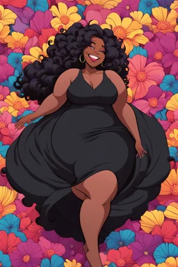 A sassy thick-lined comic style cartoon black female lounging lazily on her side, surrounded by colorful large flower petals. her curvy body silhouette a black maxi dress. Looking up coyly, she grins widely, showing teeth. Her poofy hair forms a mane framing her confident, regal expression.