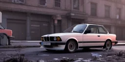 an abandoned 1990 bmw 2-door 4k ,ultra realistic,concept, 4k ,on street, parked in crowded city winter