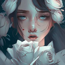 Pictures of a girl with a beautiful face holding white roses covering her face Like from a cartoon movie, digital art, anime, 4k, full details, high resolution