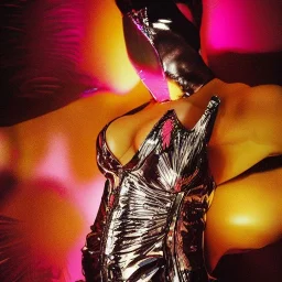 A 1990s or early 2000s magazine photoshoot. Neon blob, metallic spikes, ethereal. Extremely detailed, HD photography, high quality, stylized, dramatic, high contrast, high exposure.