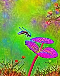 mystical venus fly trap, flowers, jungle, vibrant colours, impressionism, soft lighting. trees in background, dragonfly,