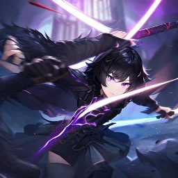 Clear focus,High resolution, Black short fluffy hair, and purple eyes, wearing a black outfit, must wear a short skirt, holding a glowing sword, fighting stance