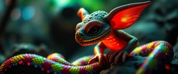 airbrush and pen outline, between rainbow snakes a glittering Deep Gnome (Svirfneblin) gremlin, goa psy ambient in the style of vangelis and fsol, source vibrations, bokeh like f/0.8, tilt-shift lens 8k, high detail, smooth render, down-light, unreal engine, prize winning