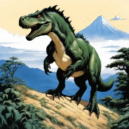 (in the style of Orion, by Masamune Shirow) a t-rex on the top of his hill