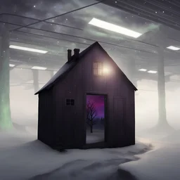 modify foreground with just drifty snow, add a large winter tree in front of aurora borealis inside the cabin