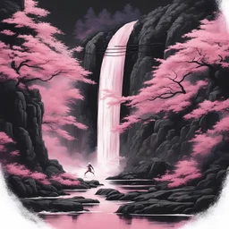 photo real, art, fantasy, pink, black, waterfall, katana, beautiful style, Japan