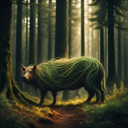 a slender forest spirit wraith ghost spectre with long long legs kneeling holding a big forest pig, with highly detailed, sharply lined facial features, in the deep forest of Brokilon , finely inked, in rustic colors, 4k in the style of Peter Mohrbacher source vibrations, bokeh like f/0.8, tilt-shift lens 8k, high detail, smooth render, down-light, unreal engine, prize winning