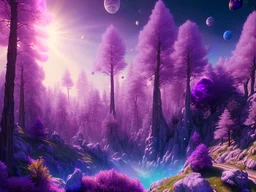 purple white crystal cosmic and galactic ambiance hill sky rocks sunny trees pools surreal, full of details, smooth, bright sunshine，soft light atmosphere, light effect，vaporwave colorful, concept art, smooth, extremely sharp detail, finely tuned detail, ultra high definition, 8 k, unreal engine 5, ultra sharp focus