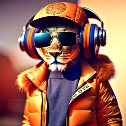 Lion toddler, smile, steampunk headphone, sunglass, gangsta neckless, full body, orange puffer jacket, tokio background, dramatic lighting, hyper realistic, unreal engine 5, 16k