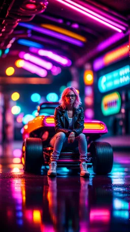 dragster stunt woman sitting on a hipster car parked in dark neon lit reflective wet arcade hall tunnel,bokeh like f/0.8, tilt-shift lens 8k, high detail, smooth render, down-light, unreal engine, prize winning