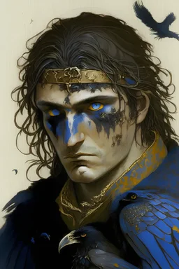 His eyes are a blue-grey and his hair is a dark brown. He wears a golden ring which he had forged himself when he had returned to Lileanen, engraved with a crow feasting on an adder. Almost always wearing large coats to hide his scars and burns on his arms, he often wears tight golden bands around his wrists to stop curious bystanders from peeking up his long sleeves. smiling