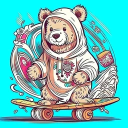 A plush cute bear that skateboards. Graffiti effect on the background. Color drawing.A cat wearing an Arab dress and carrying a Mesaharati drum in Ramadan