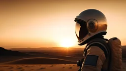 Create a 4k photo-like image of a person wearing casual street clothes and an astronauts helmet staring into a desert that stretches far beyond the horizon. Cinematic sunset