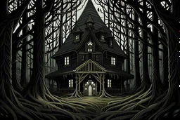 a lighted tall mansion with a triangular roof is surrounded by tall trees in a dark forest. The viewer of the image is facing the front of the house. Grotesque roots are seen throughout the image but are attached to the bottom of the house.