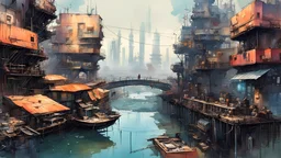 Water-level view of buildings made of reused dirty rusty metal next to futuristic canal junction, cyberpunk, many painted colours, flying boats, balconies, bridges, people, shopping, eating, walking, fifth element, ghost in the shell, altered carbon, Ian McQue, lineart and watercolour