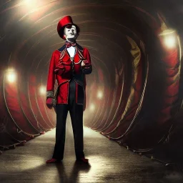 circus ringmaster standing alone inside dark circus tent, garish red coat, desolate, 1800s, chiaroscuro lighting , 8k UHD, matte painting, illustration, renaissance, artwork, high-quality, intricate detail, dark circus, night circus, creepy, rocco, greg rutowski, howard lyon, alphonse mucha