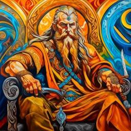 viking holger danske, transulent swirling beard and hair, his sword is golden, siting on his throne with wolfes on each side, alkohol ink, background swirley colorful with painted dragon on the wall, background colorful