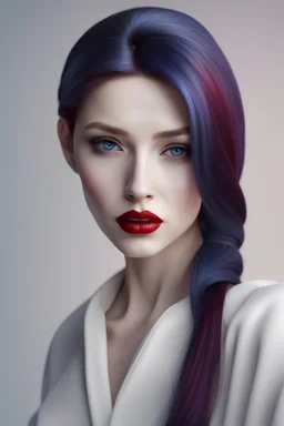 a woman's white porcelain face marked with delicate cracks, she has blue eye's, red lips, purple hair, ultrarealistic, 3D, HD