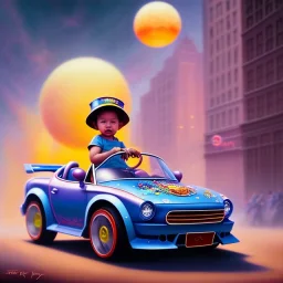 A one-year-old boy rides in the plastic funny toy-car on the middle of a busy street in new york. He has and a large-brimmed straw hat. somehow photographic bright colors and sunset, fantasy art, Anna Dittmann, digital painting, dan mumford, oil on canvas, jeff koons, akihito yoshida, wlop, kodachrome,