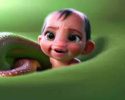 baby snake, natural environment, photojournalism, hyper detailed, hyper realism, pixar character, sweet and gentle, friendly,