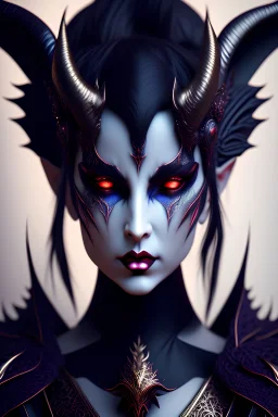 Demonic character, demon horns, demon tail, ominous, facepaint, waist up portrait, intricate, oil on canvas, masterpiece, expert, insanely detailed, 4k resolution, retroanime style, cute big circular reflective eyes, cinematic smooth, intricate detail , soft smooth lighting, soft pastel colors, painted Renaissance style
