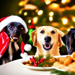 Dogs eating Christmas dinner