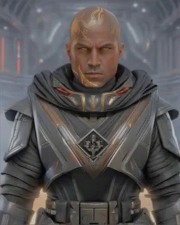 star wars bald male corellian pilot wearing pearlescent black and gunmetal grey First Order special forces heavy assault armor with gold and metallic red trim inside the jedi temple, centered portrait, hyperdetailed, dynamic lighting, hyperdetailed background, 8k resolution, volumetric lighting, light skin, fully symmetric details