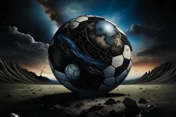 una pelota de futbol perdida en el espacio con la imagen de la tierra de fondo al estilo salvador dali